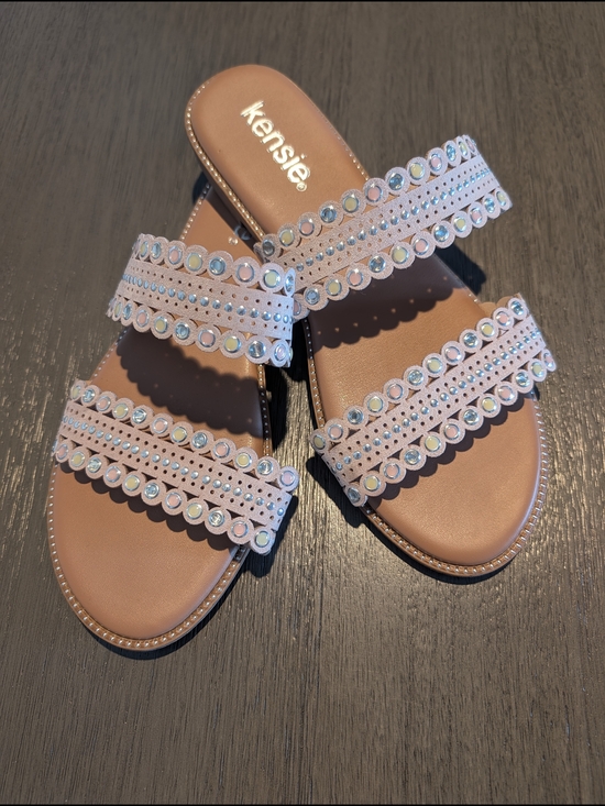 Kensie Shoes - Women's Kensie Beige Studded Jewel Double Strap Slide Sandals- Size 7